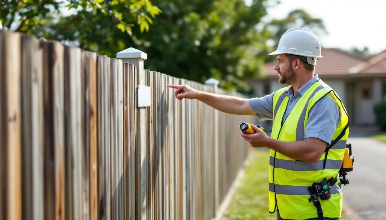 Surveyor identifying property boundary at fence line