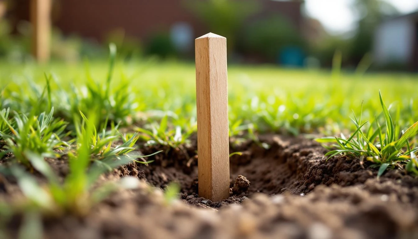 Wooden survey peg boundary marker in ground